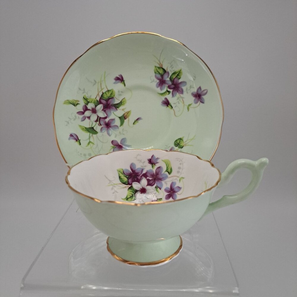 Grafton Bone China Teacup & Saucer Set Purple Flowers Gold Trim England Vintage